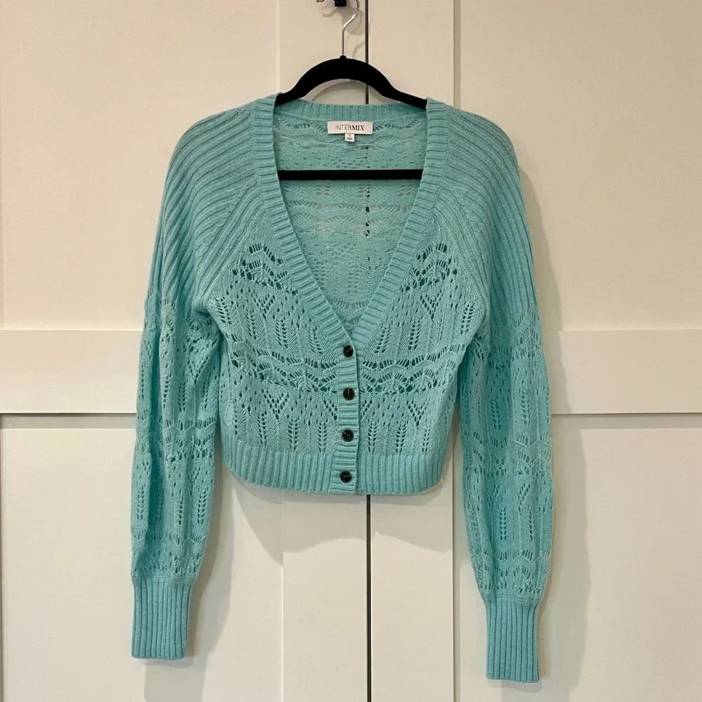 Intermix Brea Cropped Pointelle-knit Cardigan- Turquise- Small - Picture 2 of 6